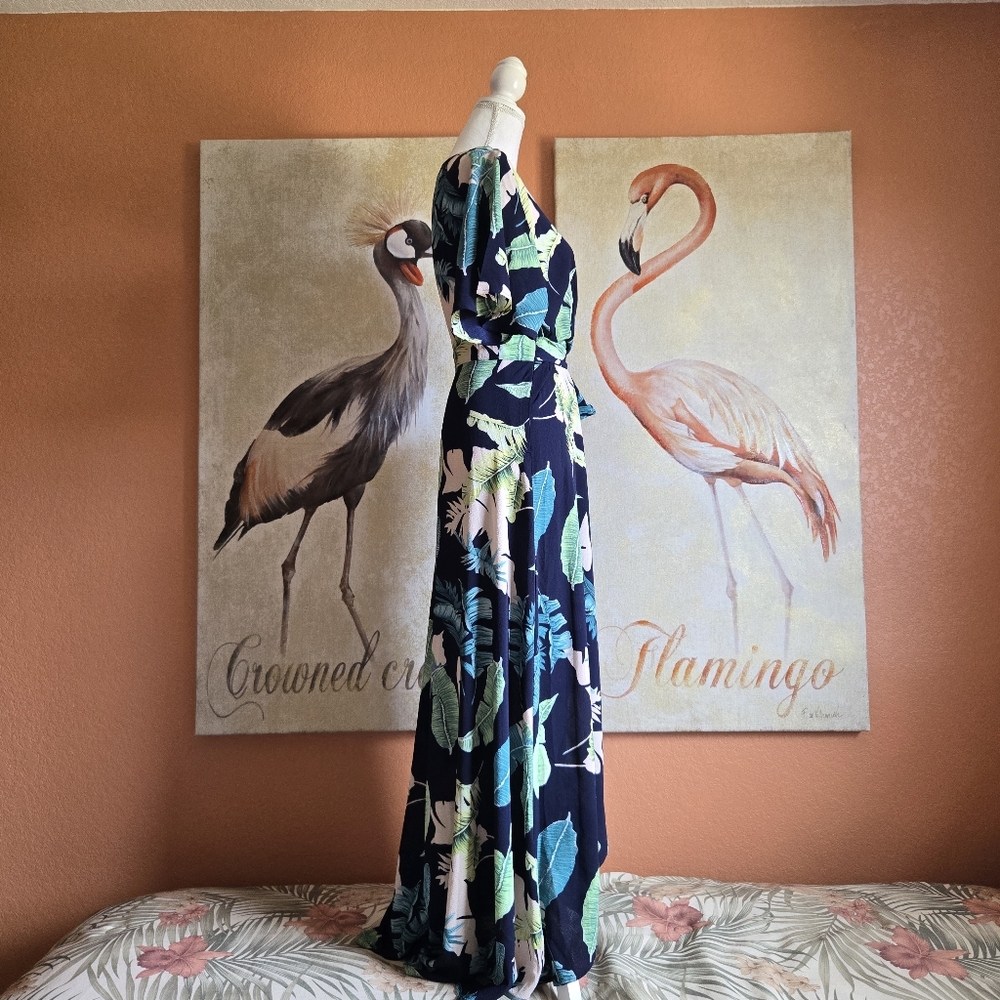 3/$25 Shein Maxi Dress Tropical Floral Short Sleeve Navy Blue Green Large - Picture 2 of 15